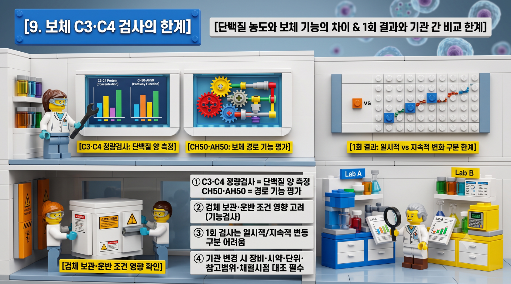 C3·C4 정량검사의 한계와 검사기관 간 결과 비교 시 주의사항을 설명하는 레고 디오라마