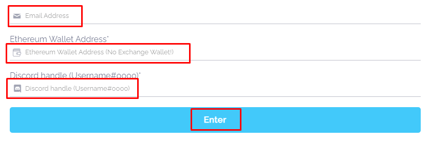 위에서부터 Email Address, 이더리움 지갑 주소, 디스코드 아이디 순으로 빈칸이 있음