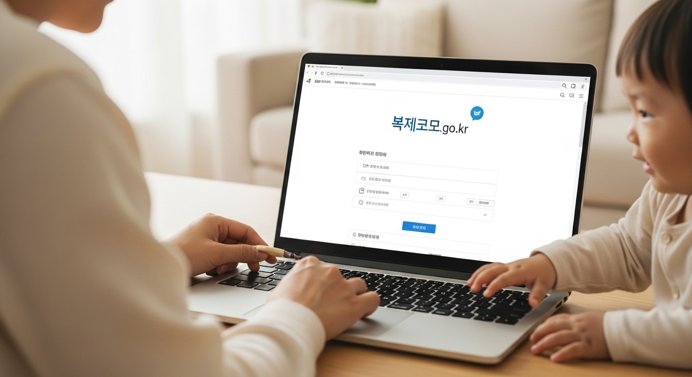 부모가 집에서 노트북으로 복지로 웹사이트를 통해 아동수당 신청서를 작성하는 모습. 아이가 옆에서 행복하게 놀고 있다.