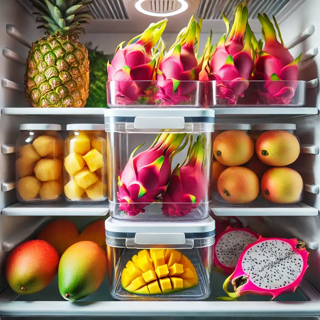 용과가 밀폐 용기에 담겨 다른 열대 과일인 망고와 파인애플 옆에 깔끔하게 정리된 냉장고 선반 이미지