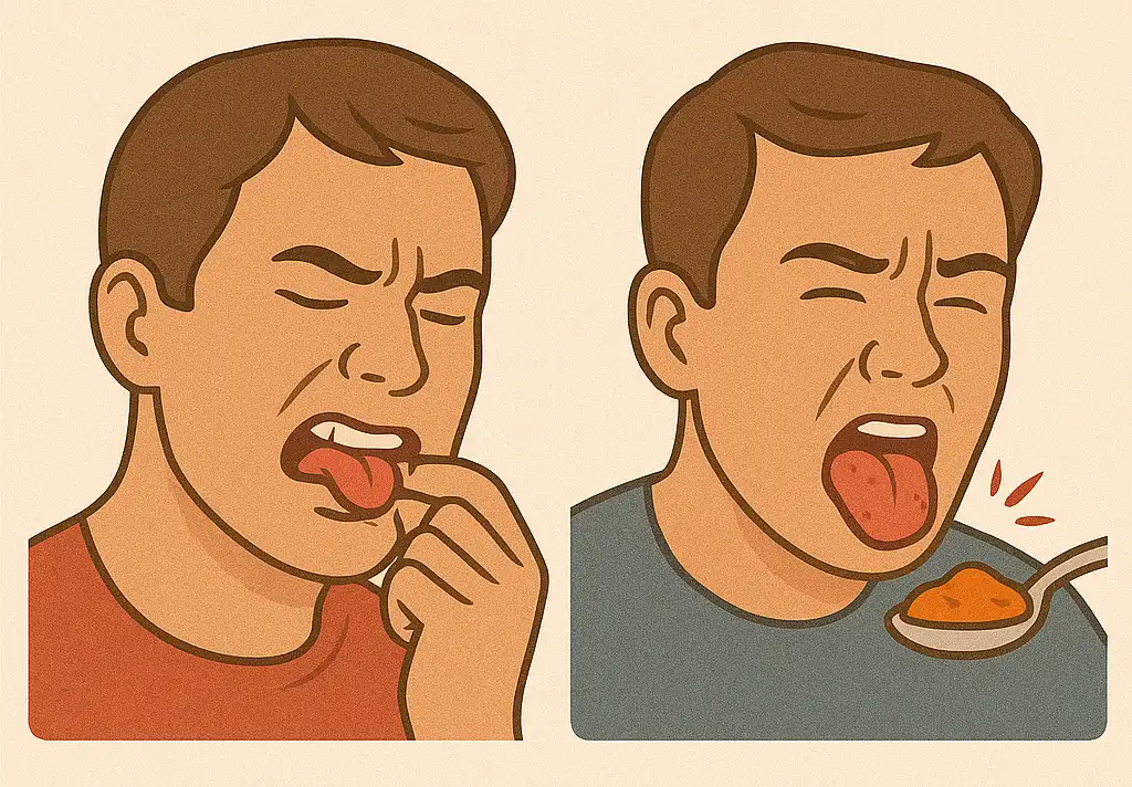 혀를 깨물거나 뜨거운 음식을 먹은 후 통증을 느끼는 모습