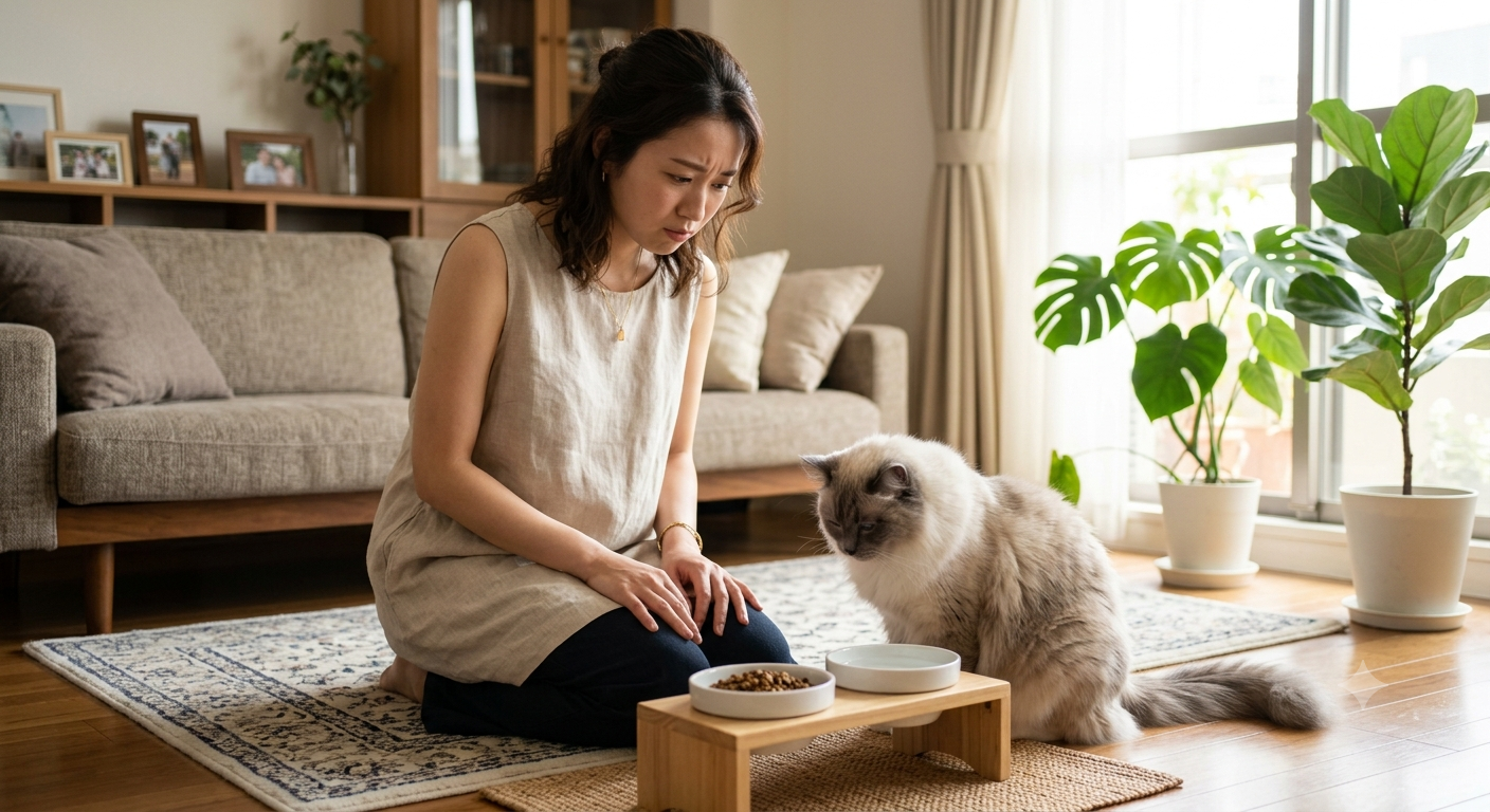 밥그릇 앞을 서성거리며 사료를 먹지 않는 고양이