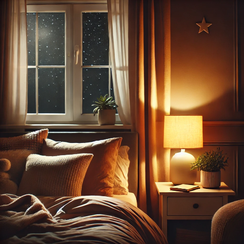 따뜻한 조명이 켜진 아늑한 침실의 야경. 침대 옆 탁자에는 작은 식물과 책이 놓여 있고, 창 밖으로 별이 빛나는 밤하늘이 보임. 편안하고 고요한 분위기의 휴식 공간