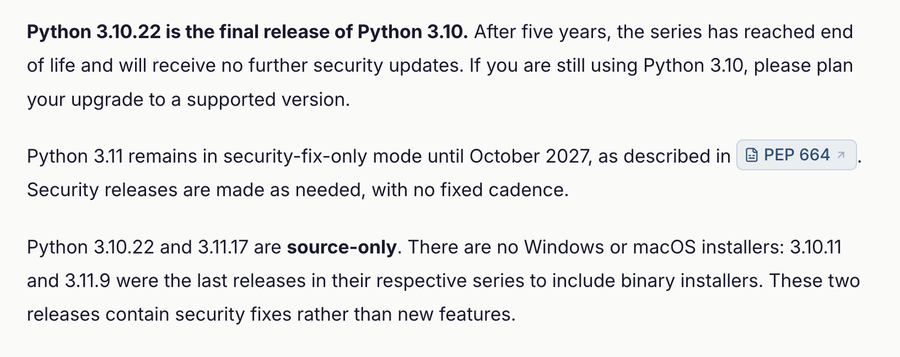 python.org 블로그, 3.10.22가 3.10의 마지막 릴리스이며 지원이 끝났다는 공지