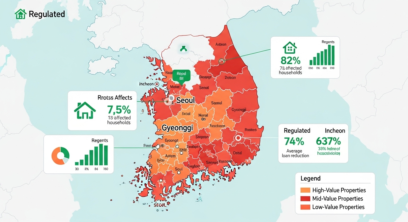 대한민국 수도권 및 주요 규제지역 지도로, 15억 원 초과 주택에 대한 대출 규제 강화가 적용되는 지역을 표시합니다.