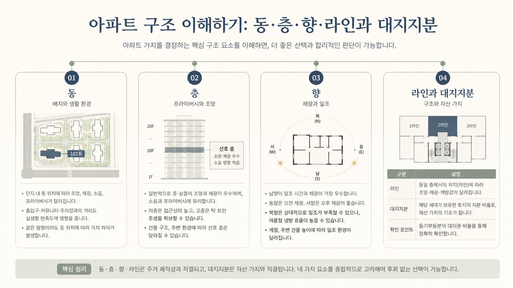 동과 라인과 층과 향 비교 인포그래픽