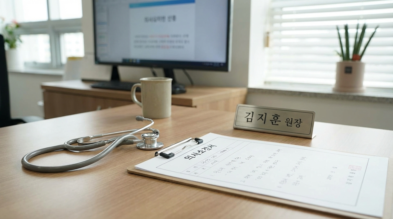 의료기관 책상 위에 놓인 장기요양인정용 의사소견서 서식과 청진기