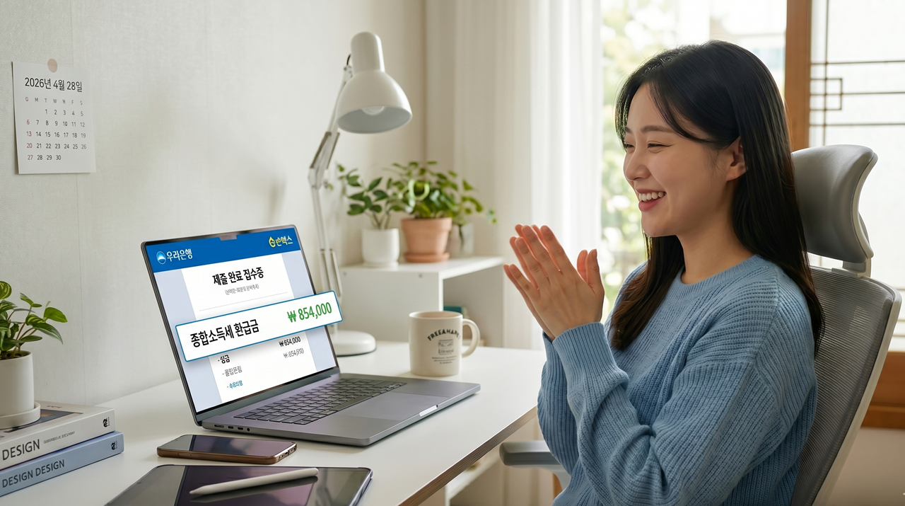 종합소득세 신고 후 통장에 입금된 환급금을 확인하며 즐거워하는 프리랜서의 모습