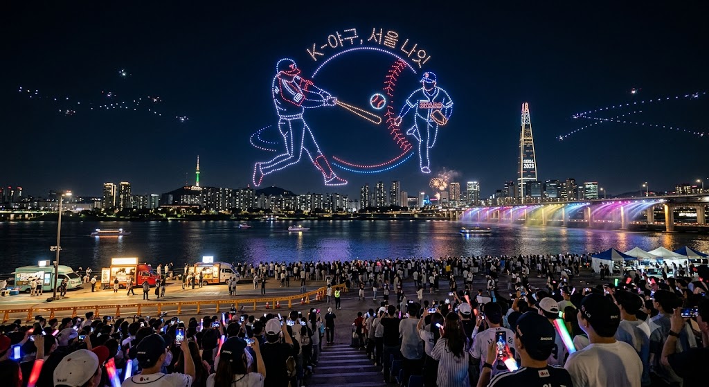 드론쇼를 보기 위해 한강에 모인 시민들
