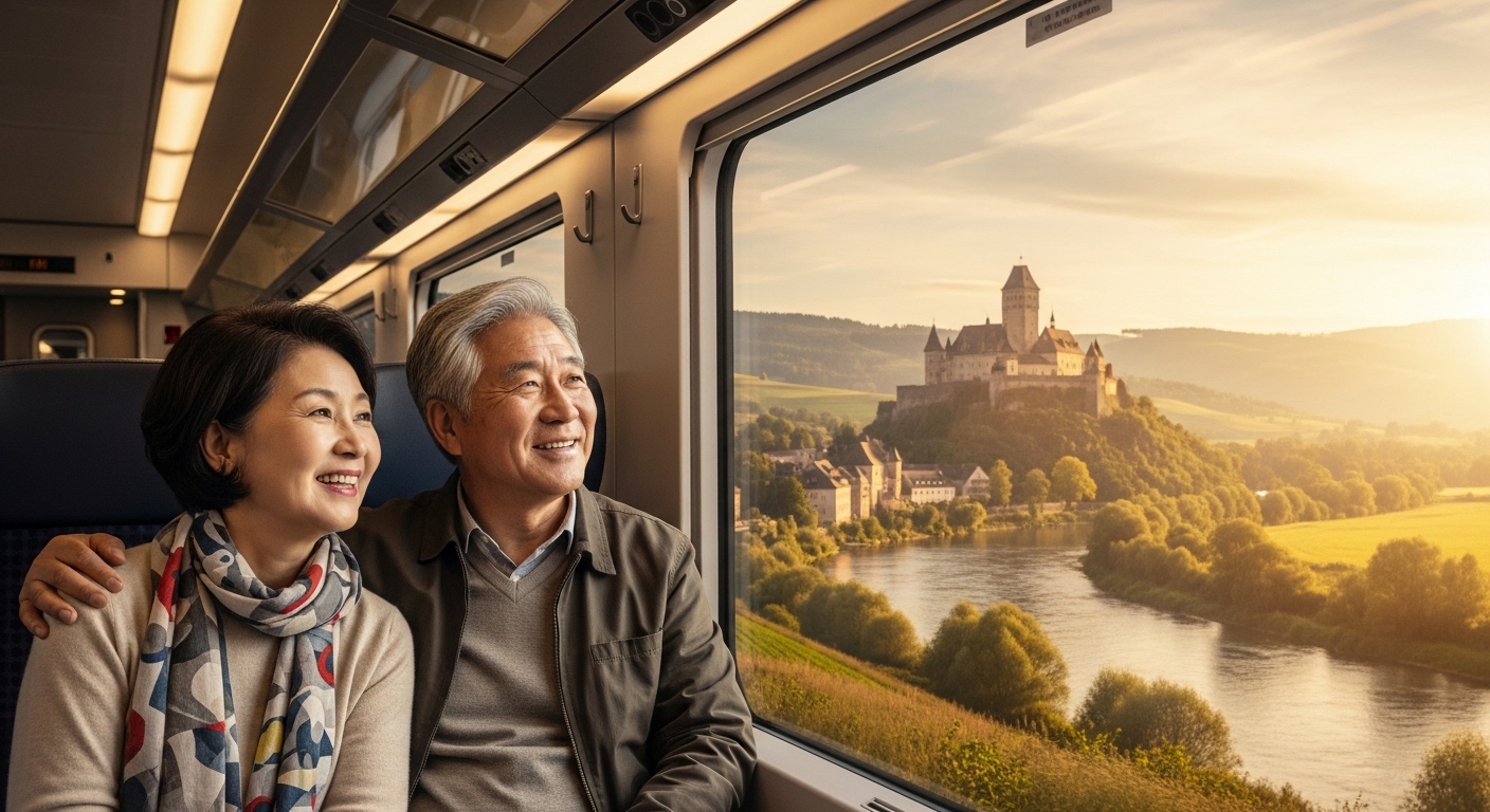2026년 퇴사 후 한 달 유럽 기차 여행을 떠나는 5060세대 한국인 부부가 기차 창밖 풍경을 바라보며 미소 짓고 있는 모습. 따뜻하고 낭만적인 분위기.
퇴사 후, 새로운 시작을 위한 낭만적인 한 달 유