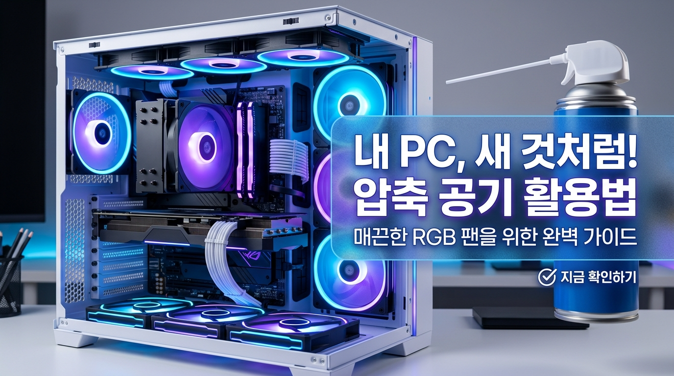 세련된 네온 LED 쿨러가 장착된 컴퓨터 본체의 측면 덮개를 열고 내부 먼지 청소를 준비하는 모습