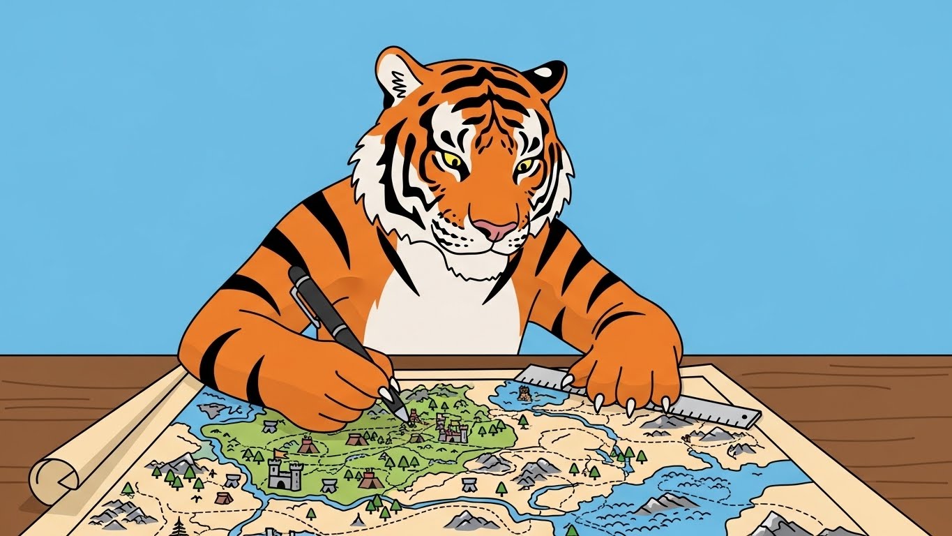 책상에서 정교한 지도를 그리고 있는 집중력 있는 호랑이 캐릭터의 2D 플랫 벡터 일러스트