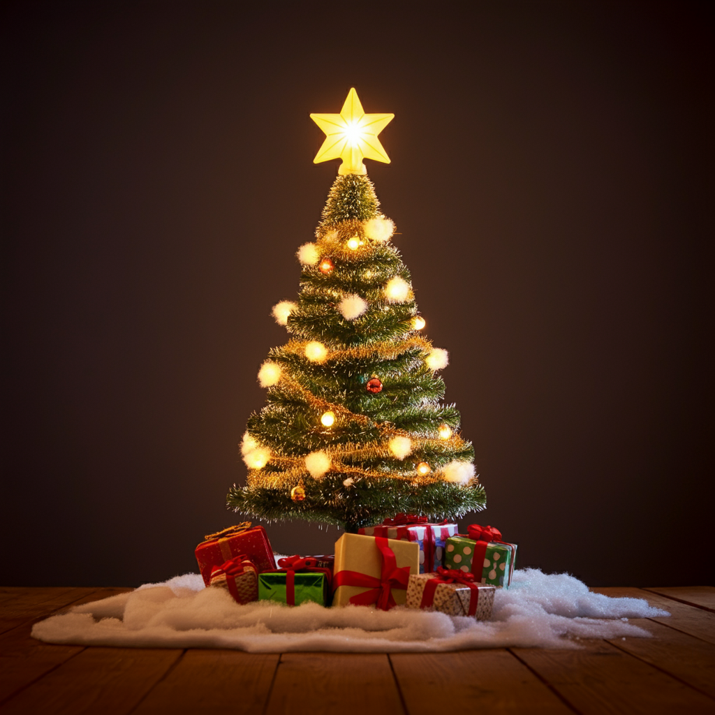 작고 귀여운 크리스마스 트리&amp;#44; 눈 모양의 꾸미기와 붉은 리본으로 꾸며진 테이블용 트리