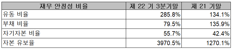 (주)엘앤에프 2021년 3분기 재무 안정성 비율