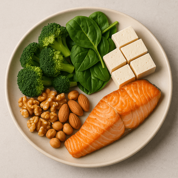 갱년기에 도움 되는 채소, 두부, 견과류, 연어가 조화롭게 놓인 접시
