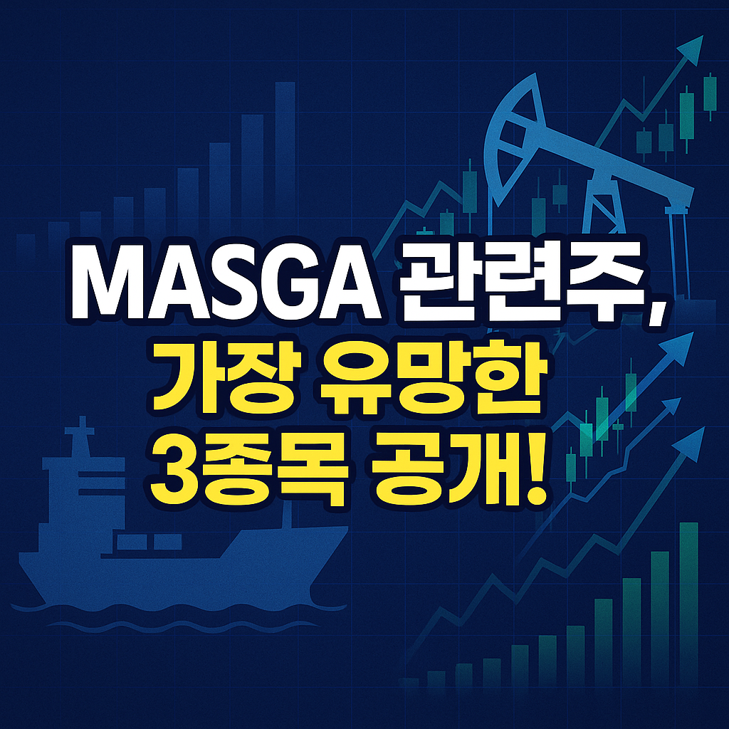 MASGA 관련주, 가장 유망한 3종목 공개!라는 문구와 함께 배경에 선박, 유가 펌프, 상승 차트가 포함된 썸네일 이미지