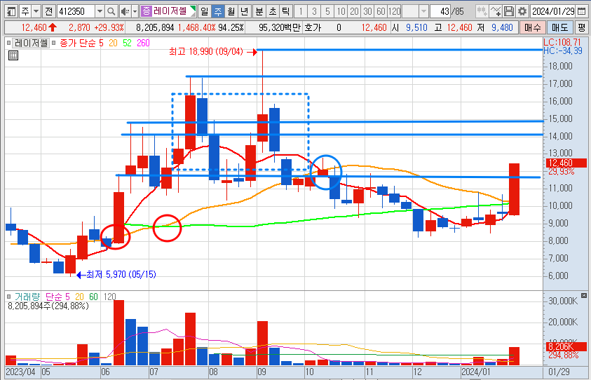 레이저쎌 주가 전망 주봉 차트 분석 (24.1.29)