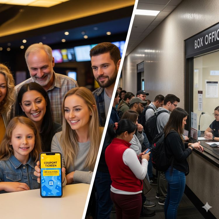 가족과 친구들이 영화관 앞에서 스마트폰 앱 쿠폰함을 보여주며 할인권으로 영화 표를 결제하는 모습과 현장 매표소 줄 서 있는 장면