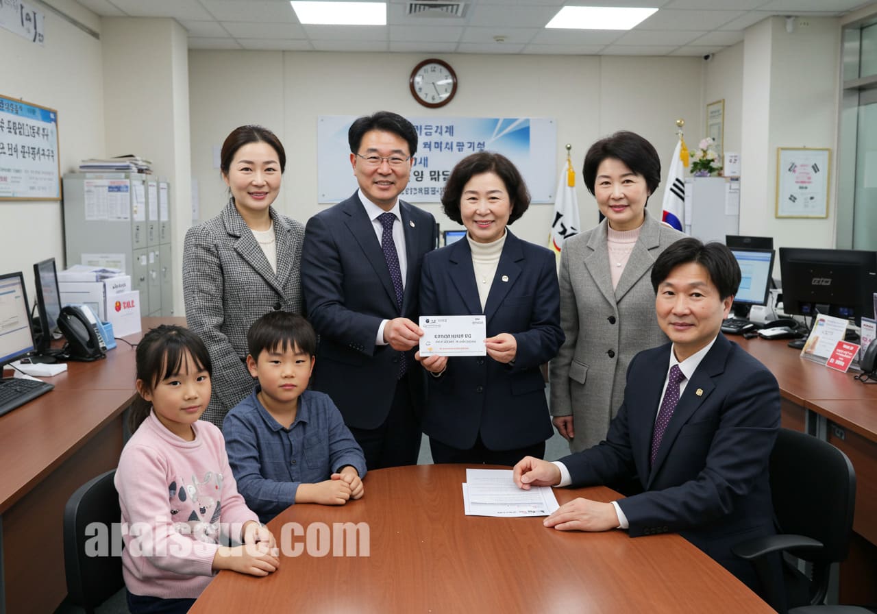 정부 사무실에서 농식품 바우처 카드를 받는 한국 가족의 모습입니다.