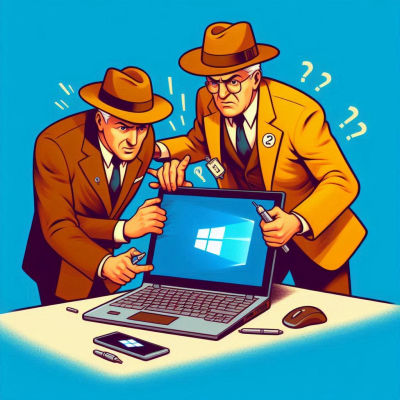 두 명의 수사관이 컴퓨터를 살펴보며 문제를 찾는 장면