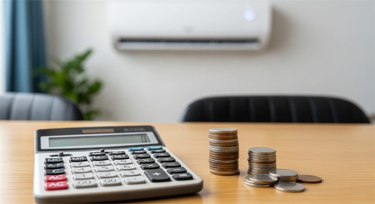 에어컨 청소비용을 가늠할 때 떠올리기 좋은 계산기와 동전 장면 