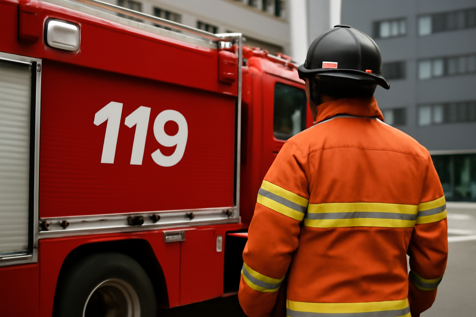소방관-오렌지색-소방복-입고-반사-스트라이프-있는-복장-착용-빨간-소방차-옆-서-있음-소방차-측면-'119'-표시-현대적-고층-건물-흐릿하게-보임