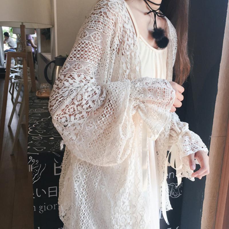 레이스 로브 가디건 여름 비치 자수 시스루 리본 소매