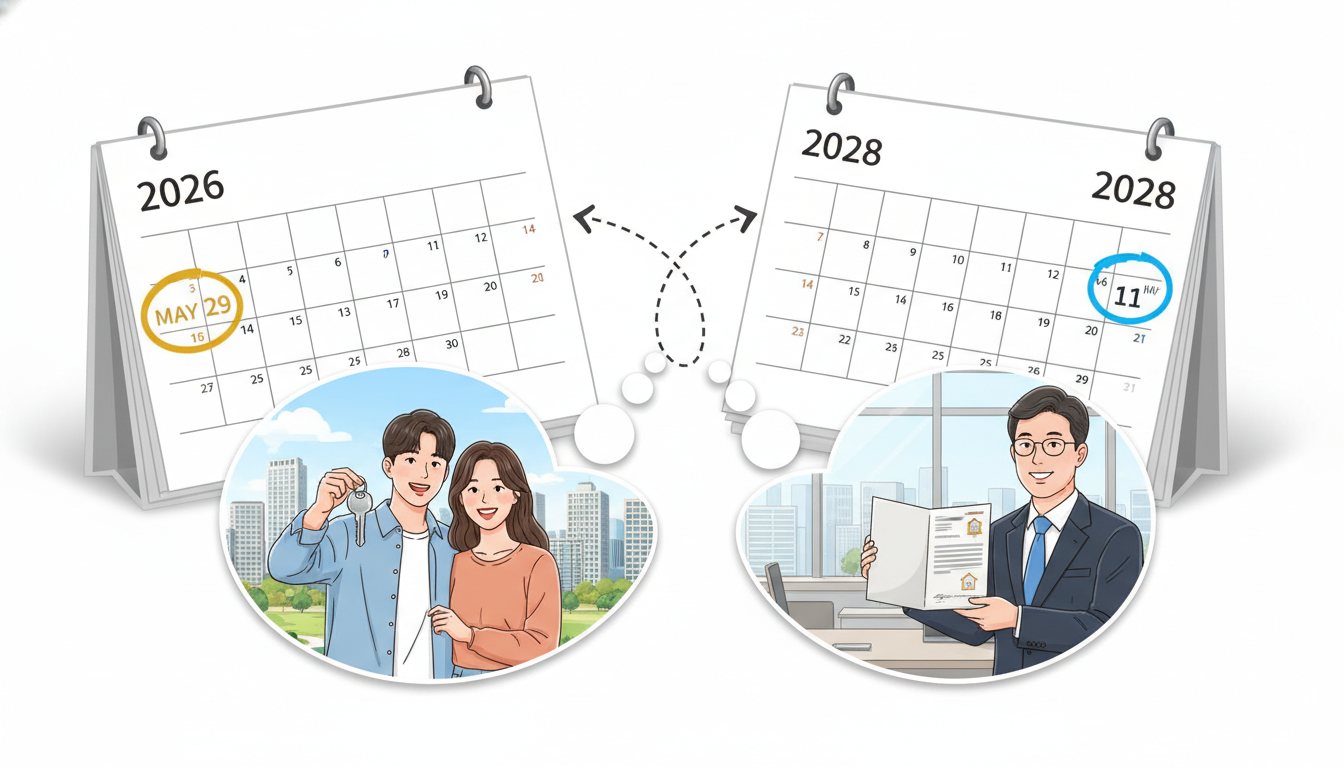 2026년 5월 29일부터 2028년 5월 11일까지의 중요한 날짜가 표시된 달력과 함께 주택 거래를 계획하는 한국인 매수자와 매도인.