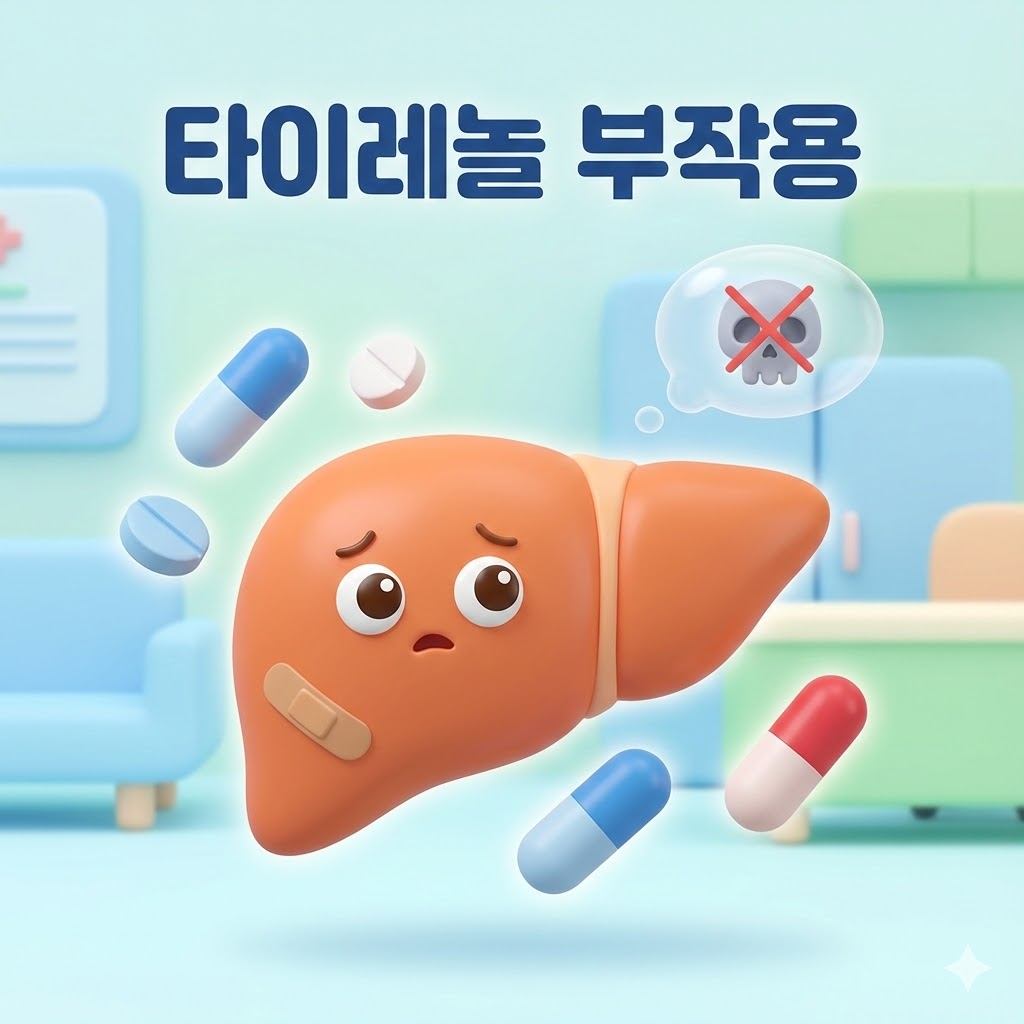 반창고를 붙인 귀여운 간 캐릭터가 타이레놀 약 주변에 있고, 타이레놀 부작용이라는 글씨가 있는 3D 카툰 일러스트.