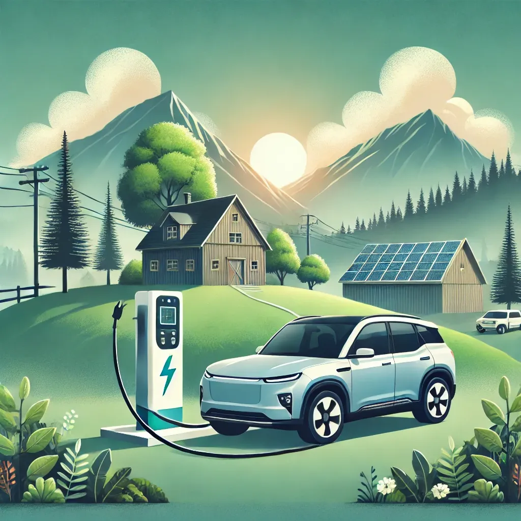 산과 나무로 둘러싸인 전기차 충전소에서 충전 중인 SUV