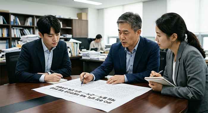 기업 IPO 실사 문서와 산정 근거를 검토하는 전문가들.