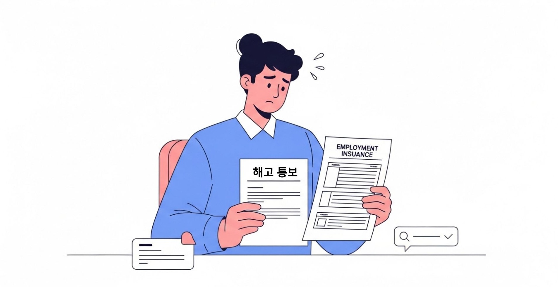 퇴직 통보를 받은 직장인이 실업급여 서류를 확인하는 장면으로, 재도약을 위한 제도를 이해해야 합니다.