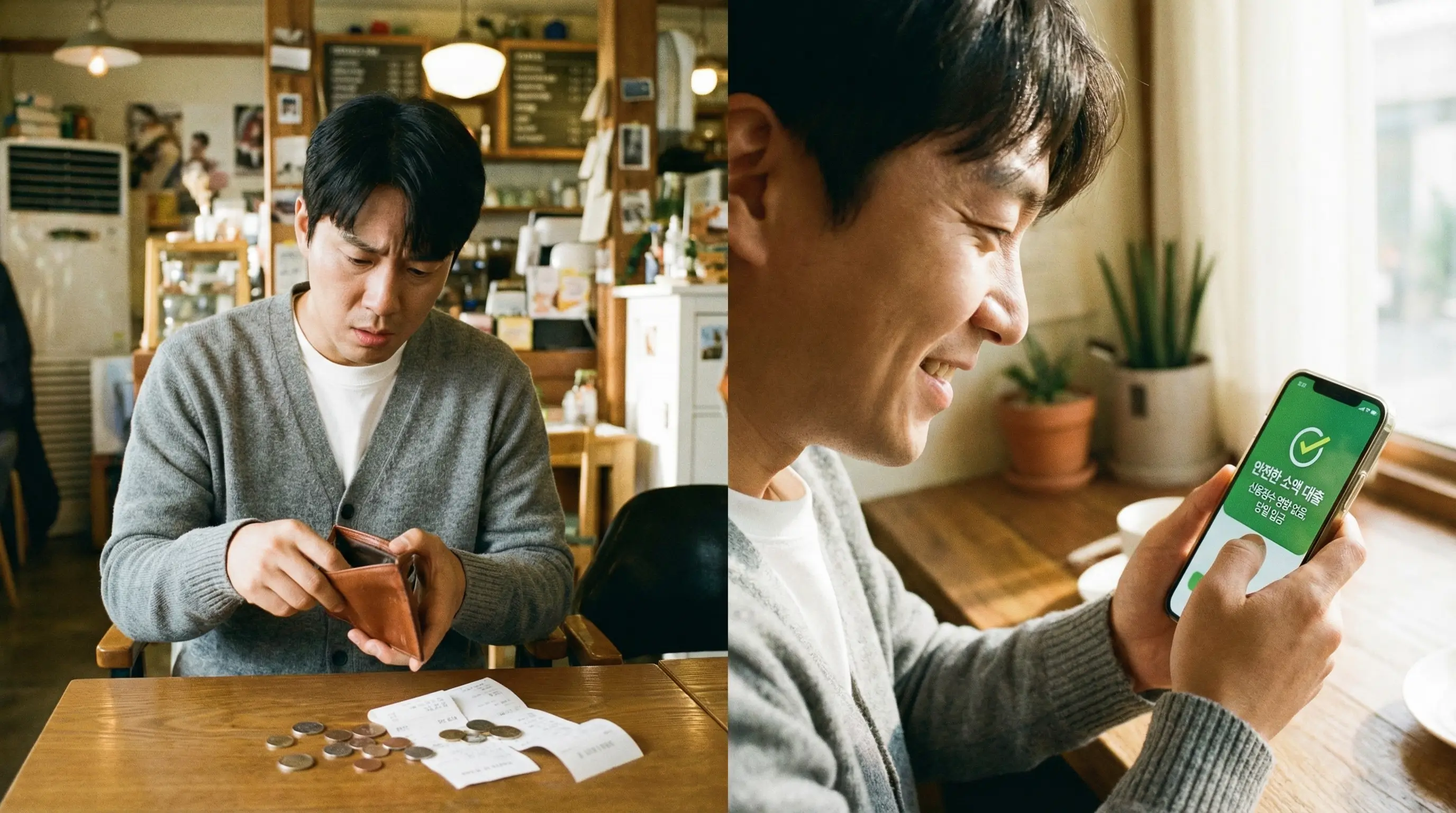 텅 빈 지갑을 보며 고민하다가 스마트폰으로 안전한 소액 대출 상품을 검색하고 안도하는 모습