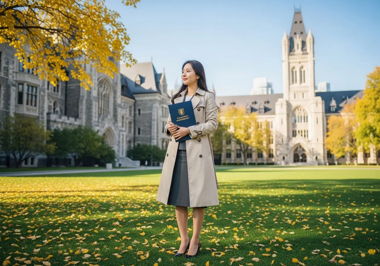 유서 깊은 캐나다 대학교 캠퍼스를 배경으로, 젊은 한국인 여성이 자녀의 입학 서류를 검토하며 만족스러운 미소를 짓고 있다