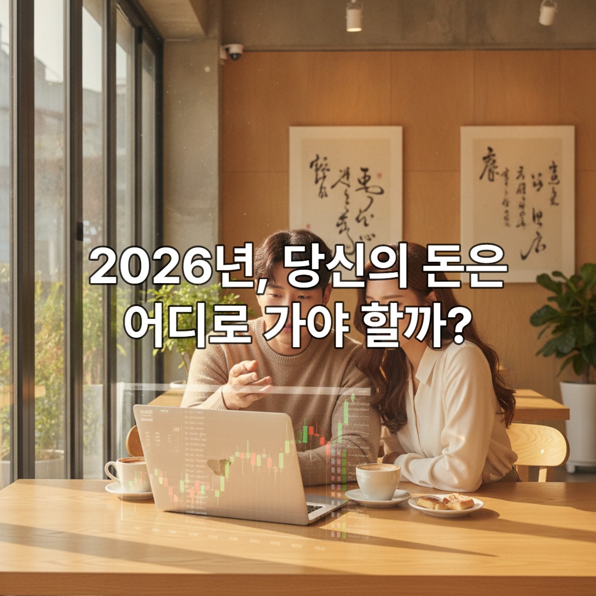 2026년, 젊은 한국인 남녀가 서울의 현대적인 카페에서 태블릿을 보며 청년미래적금과 일반적금을 비교하고 재정 계획을 세우는 모습
