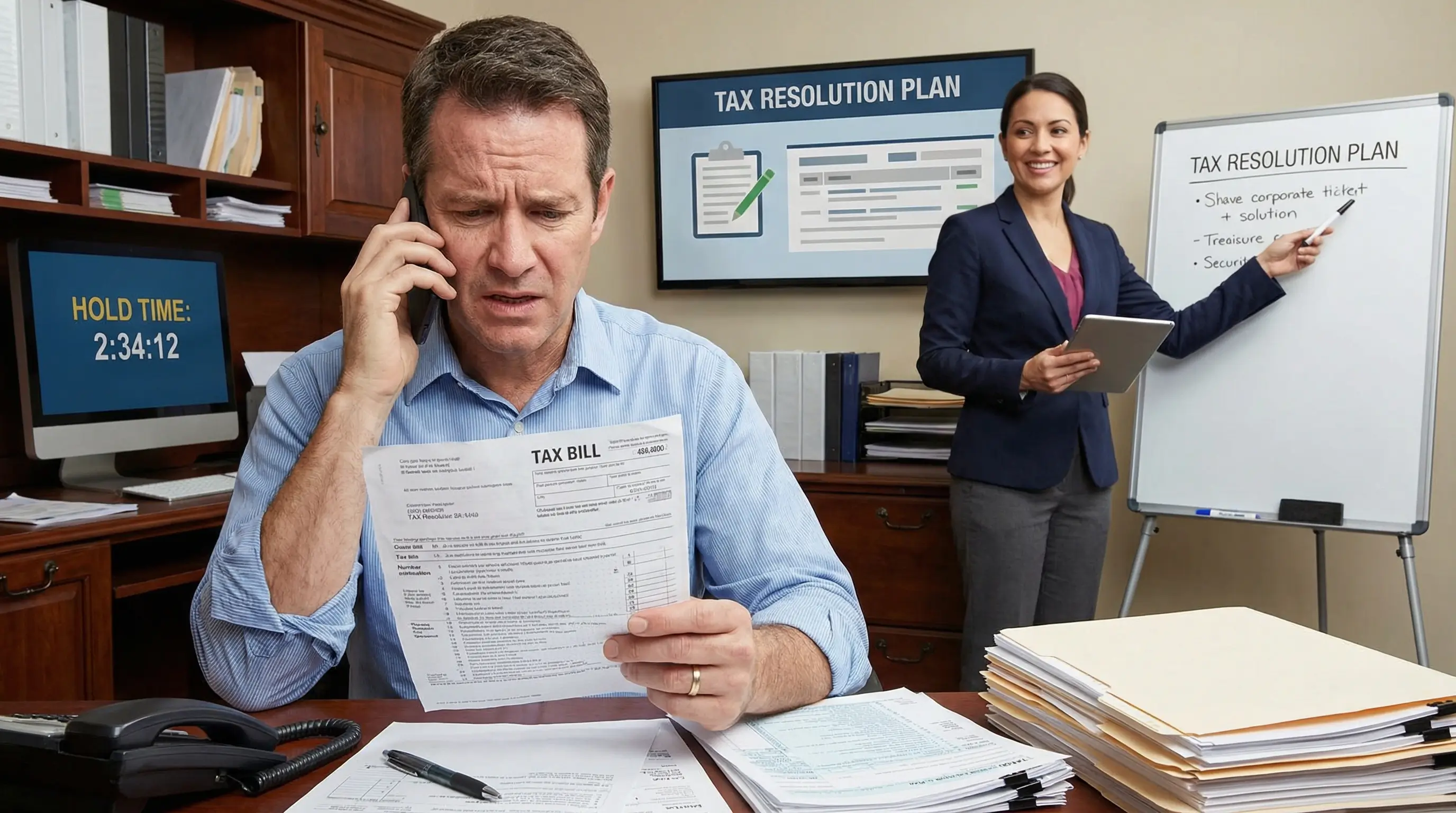 세금 고지서를 들고 전화 연결이 되지 않아 답답해하는 납세자와 해결책을 제시하는 전문가의 모습