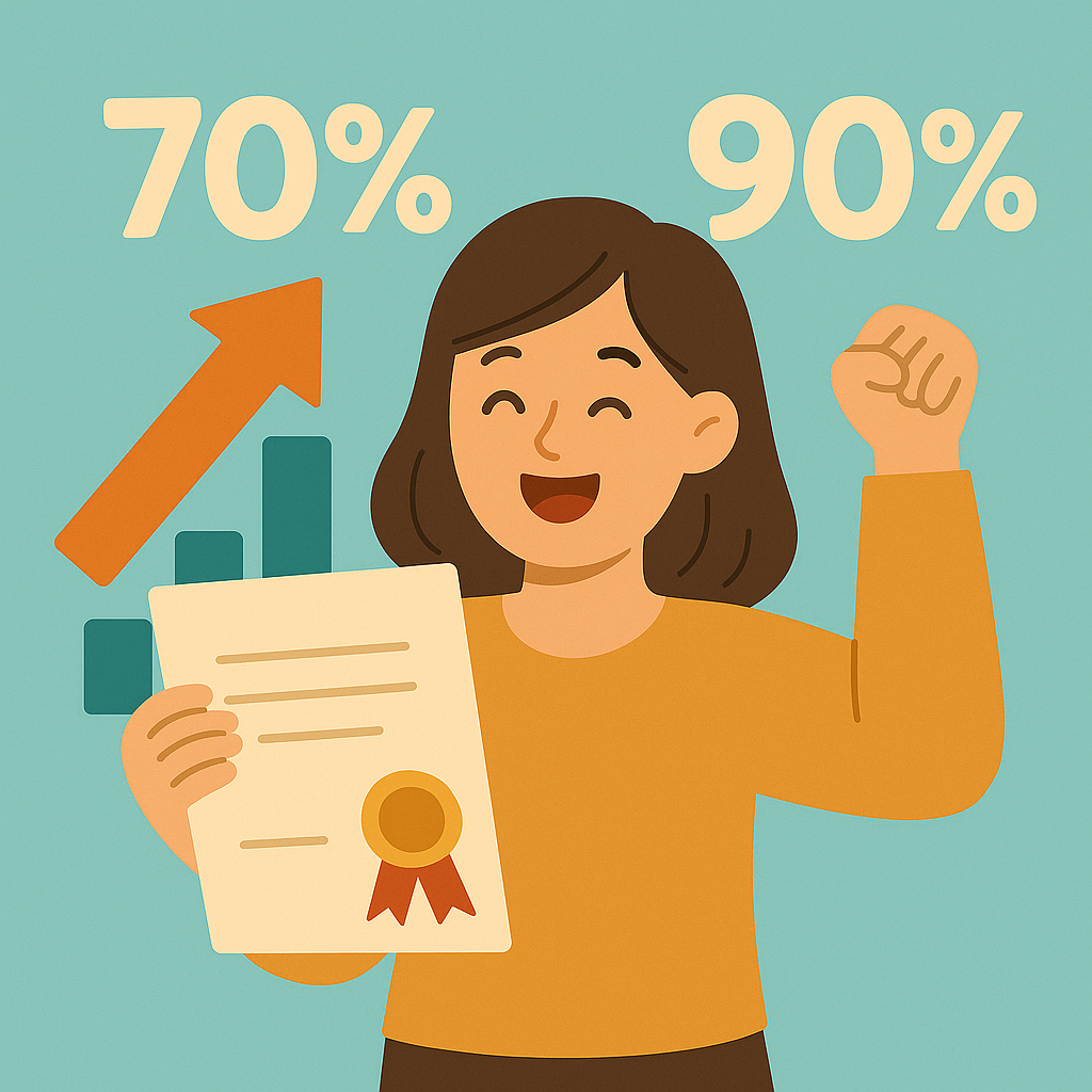 밝게 웃으며 자격증을 들고 있는 여성의 모습. 배경에는 상승 그래프와 함께 ‘70%’, ‘90%’라는 숫자가 강조되어 있고, 여성은 한 손을 들어 성공적인 합격을 기뻐하고 있음. 요양보호사 필기시험에서 70% 이상 점수를 받으면 실기 합격률이 높아진다는 내용을 시각적으로 표현한 일러스트