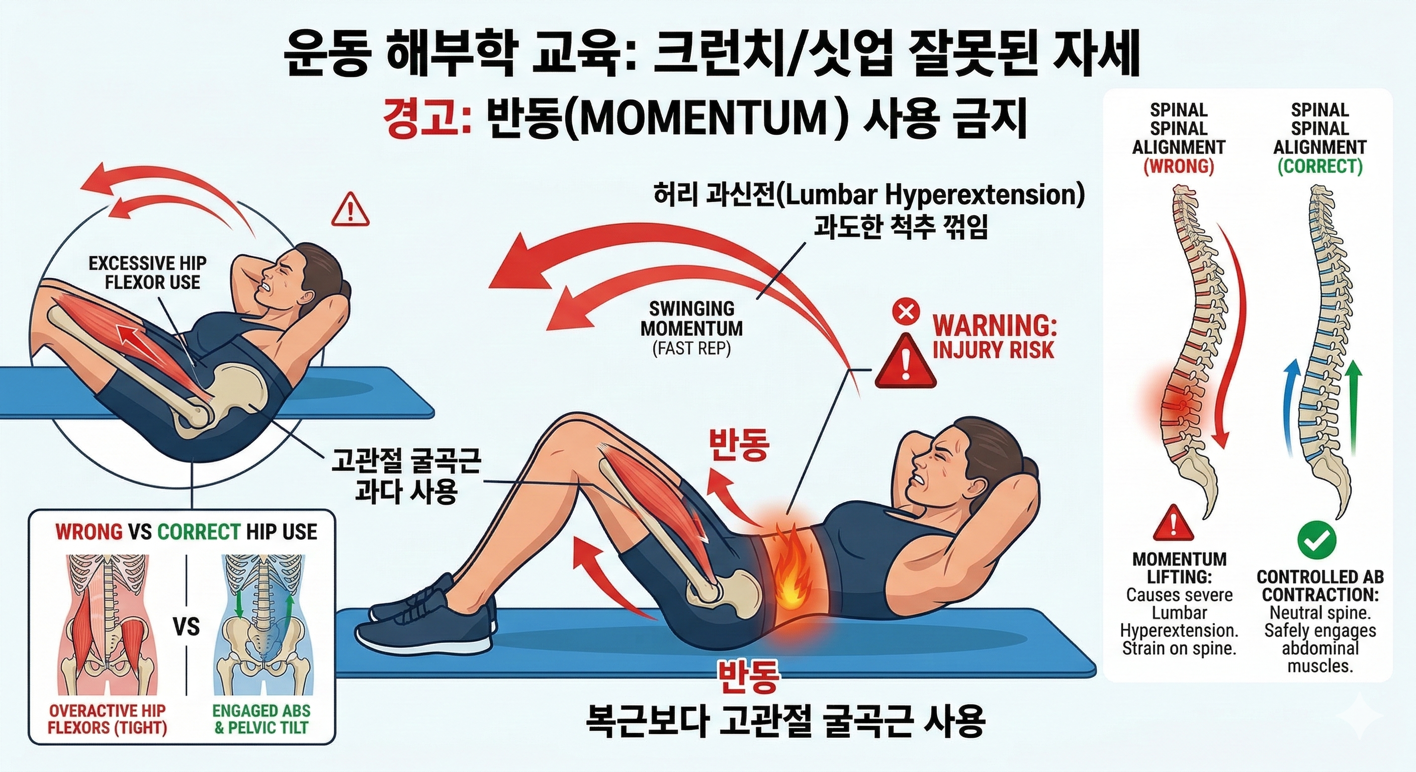 복근 운동 잘못된 자세 허리 과신전 반동 사용