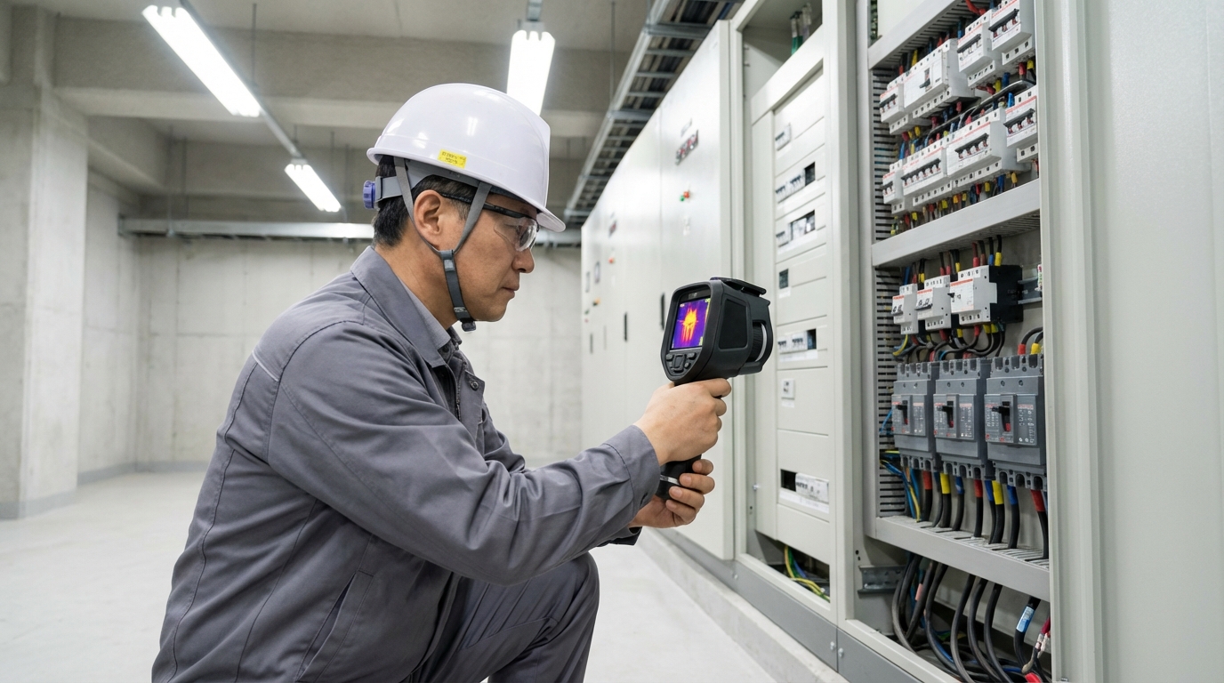 열화상 카메라를 이용하여 건물 배전반의 온도를 점검하는 시설 관리자