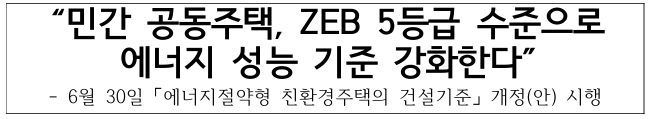 새 아파트 에너지 효율 성능 기준 강화, 민간 공동주택 ZEB 등급 수준