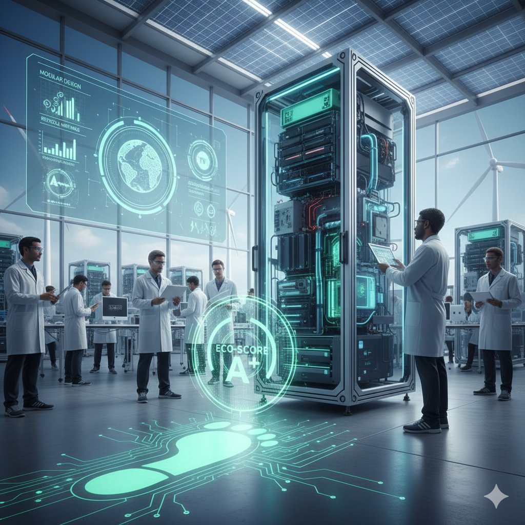 재생 에너지 패널이 설치된 미래형 데이터 센터 내부. 연구원들이 흰 가운을 입고 대형 서버 랙과 디지털 디스플레이를 점검하고 있으며, 화면에는 지구본과 데이터 시각화 자료가 표시되어 있어요. 바닥에는 녹색 회로 기판 모양의 거대한 탄소 발자국 아이콘과 A+ 에코-스코어(ECO-SCORE) 표시가 발광하고 있어요. 이 이미지는 테크 기업의 ESG 및 탄소 발자국 측정 노력을 상징적으로 보여줘요.