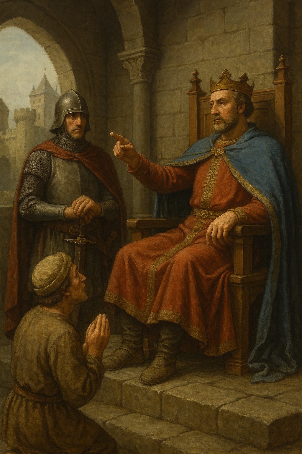 성주가 권좌에 앉아 기사와 농민에게 말하는 장면