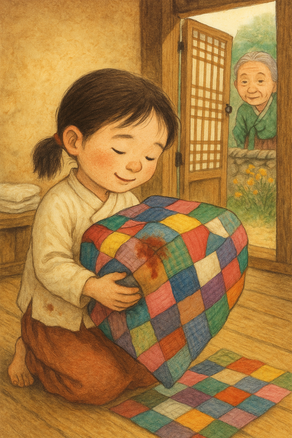 할머니가 만들어 주신 책보를 가지고 있는 아이의 그림