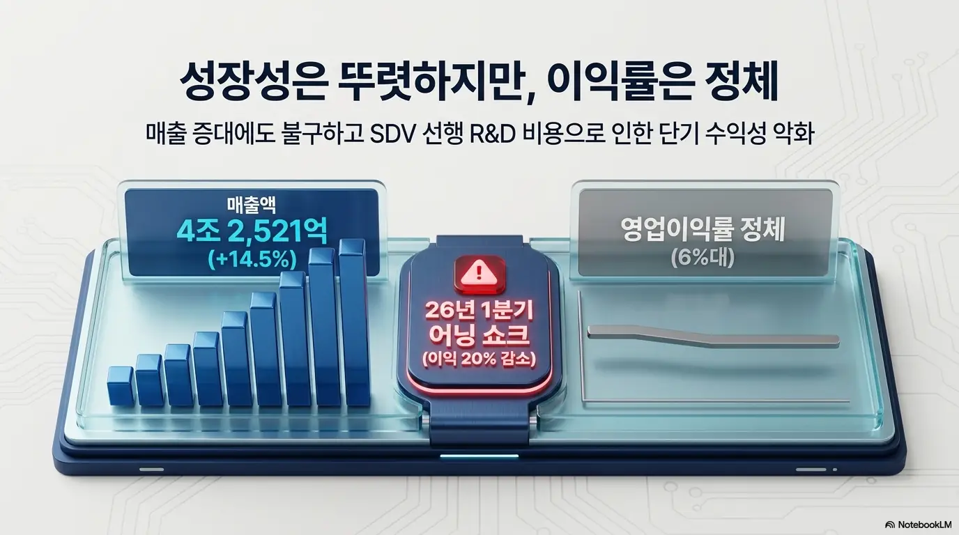 현대오토에버 주가: 현대오토에버 매출이 4조 2&amp;#44;521억으로 14.5% 늘며 성장성은 뚜렷하지만 영업이익률은 6%대에 정체되고 2026년 1분기 이익이 20% 감소했음을 보여주는 이미지. 블로그의 현대오토에버 실적 및 재무제표와 관련된 내용을 설명함.