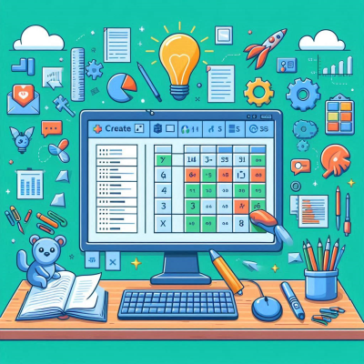 엑셀 시트와 다양한 아이콘이 어우러진 책상 위 컴퓨터 화면