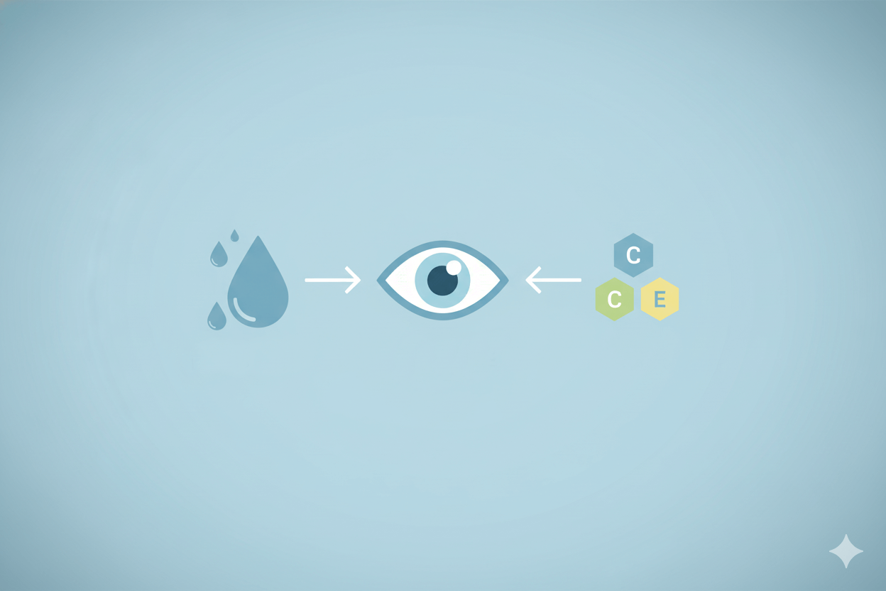 하늘색 배경 위에 물방울과 눈 아이콘, 비타민 C·E를 상징하는 육각형 그래픽이 눈 건강과 수분, 항산화 케어 흐름을 보여주는 인포그래픽 이미지
