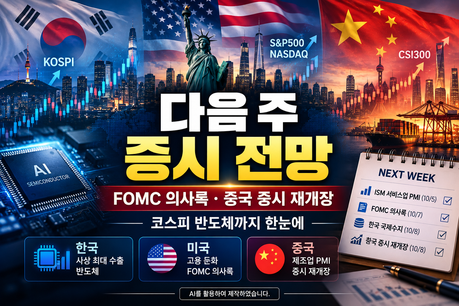 한국 미국 중국 증시와 FOMC 의사록, 중국 증시 재개장, 반도체 수출 등 다음 주 주요 경제이슈를 정리한 이미지