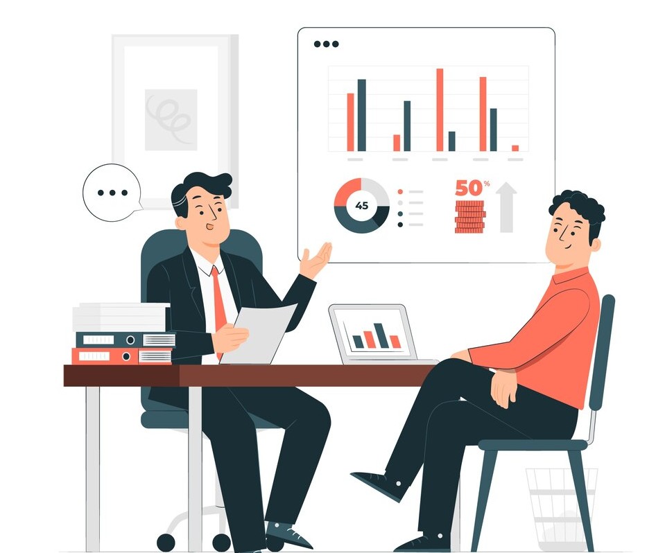 매출에 대해서 정부지원에 대해 얘기하고 있는 자영업자와 직원