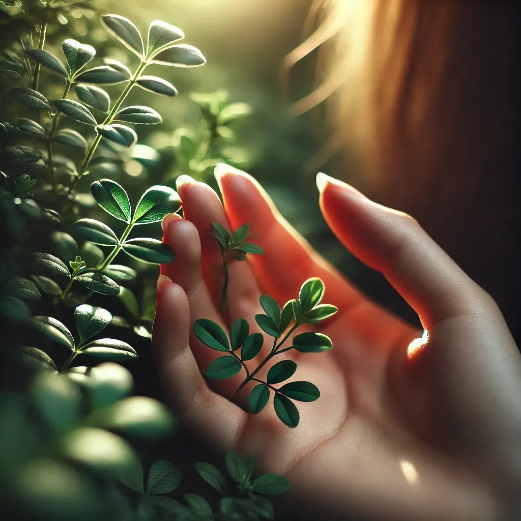 여성의 손이 작은 식물의 잎을 부드럽게 만지는 장면. 부드러운 햇빛이 나뭇잎을 통해 비치며, 식물의 녹색과 질감을 강조하고 있다.