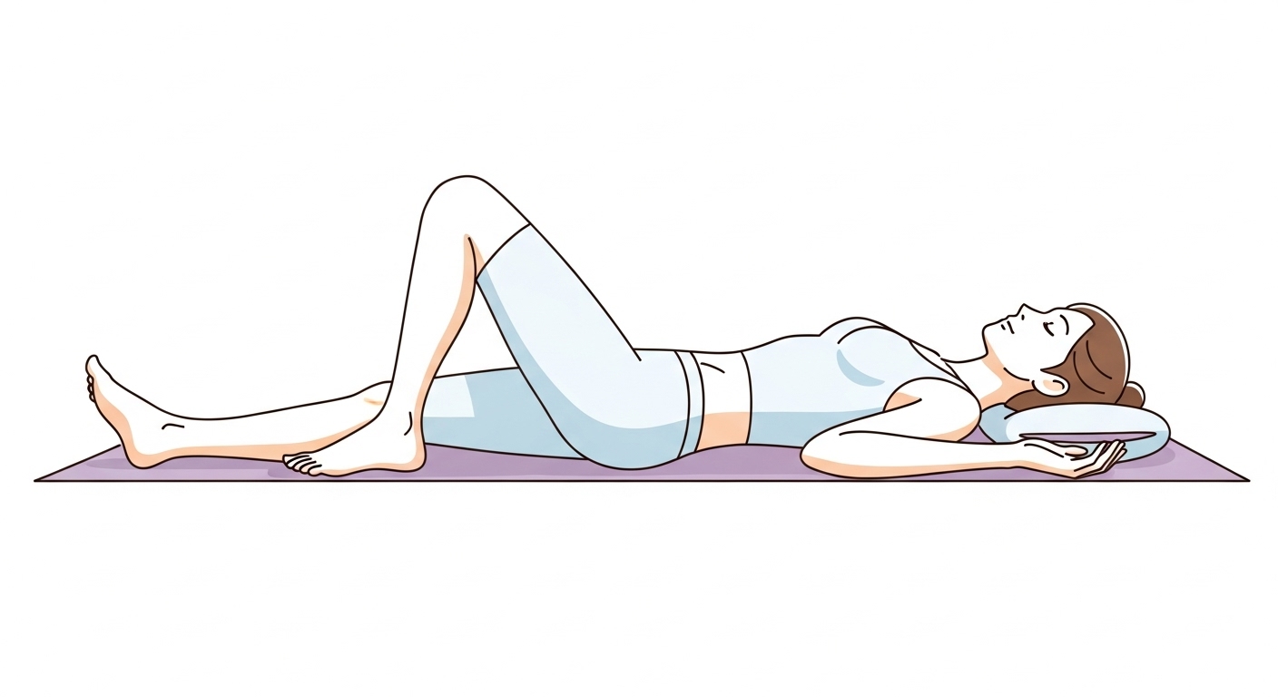 허리 통증 완화를 위해 무릎을 세우고 바로 누운 편안한 자세의 그림, 허리 부담을 줄이는 방법.